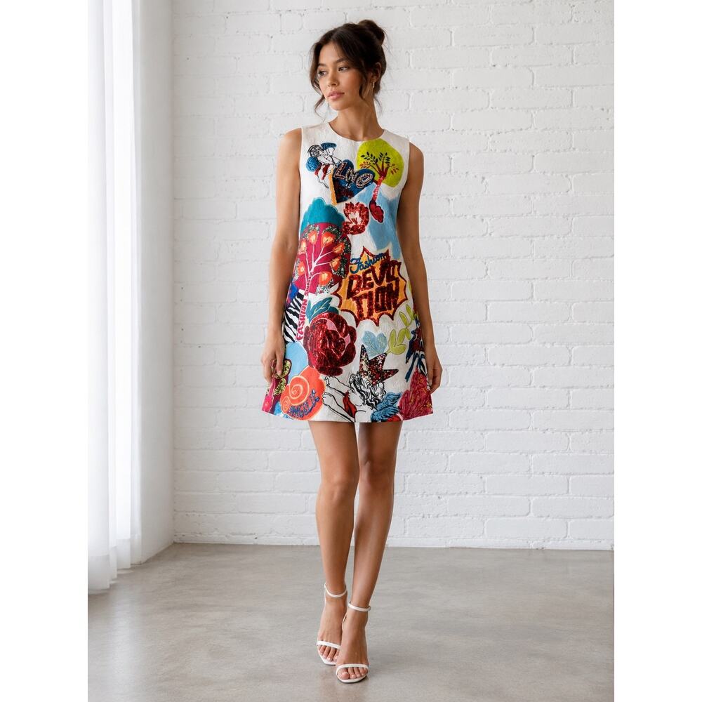 AKIRA Devotion Sequin Mini Dress Womens Medium Sleeveless Graphic Art Jacquard